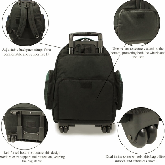 🎒🧳✈️ NWOT Olive Army Green & Black Rolling Backpack - Picture 7 of 16